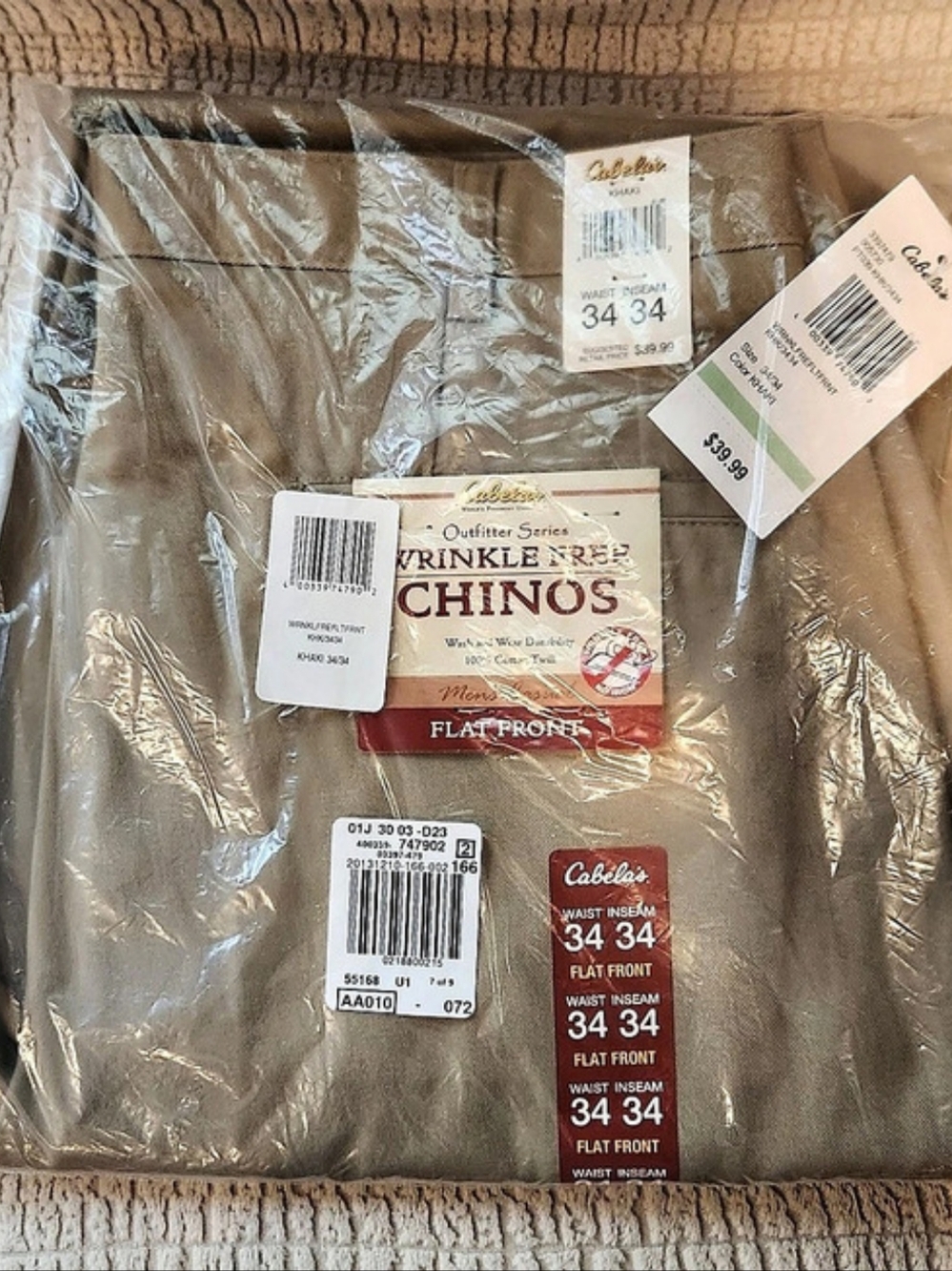 Cabela's Outfitter Series Wrinkle Free Chinos Flat Front 34 x 34 In KHAKI